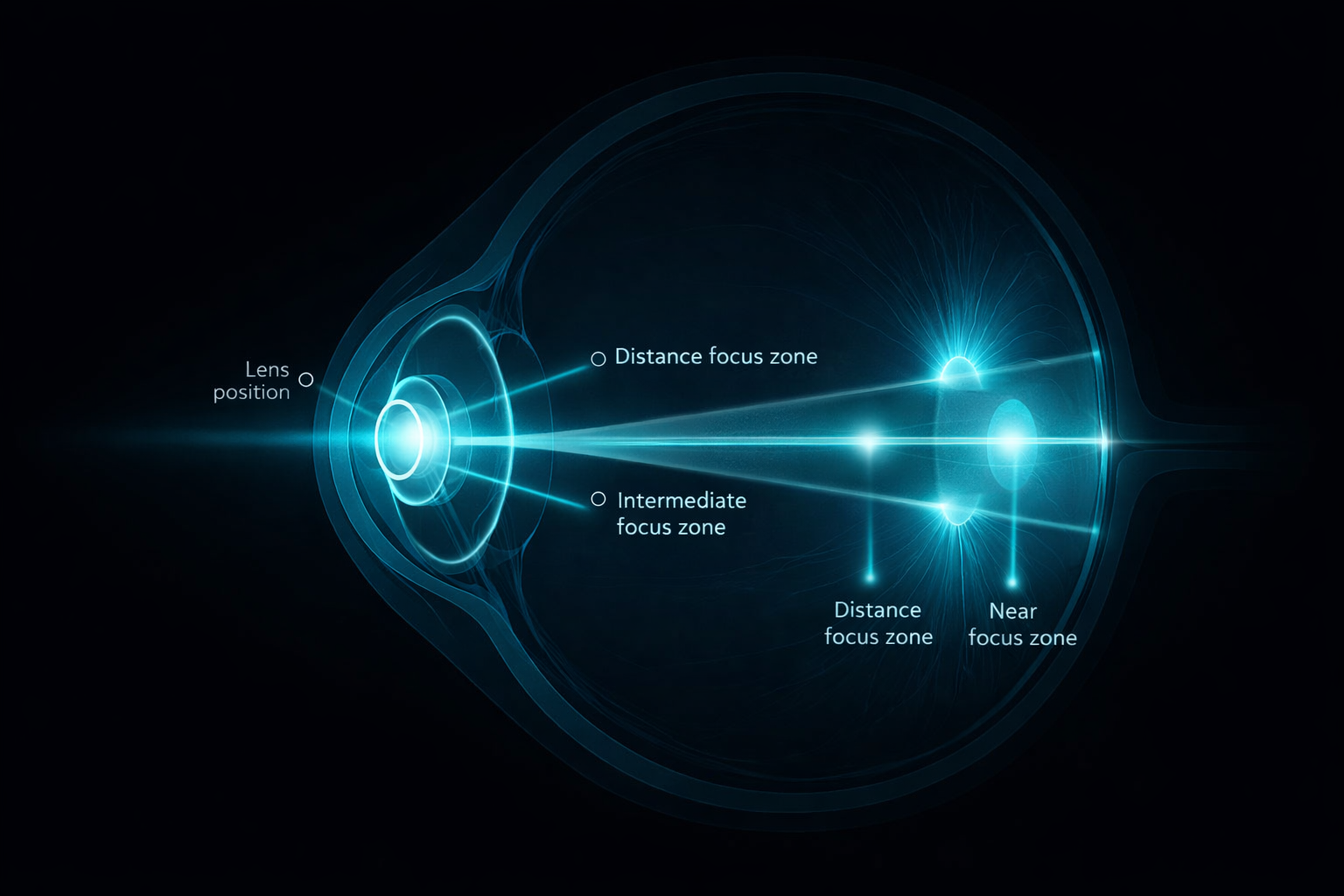 Trifocal and multifocal lens diagram showing light focus zones
