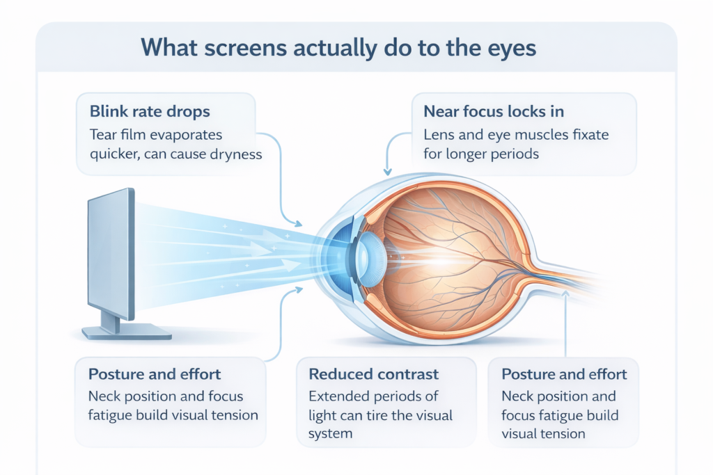 Diagram showing what digital screens do to the human eye.
