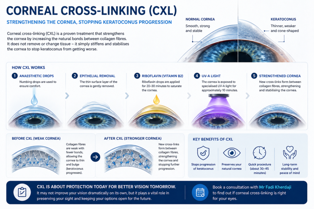 Corneal cross-linking cxl diagram showing process

