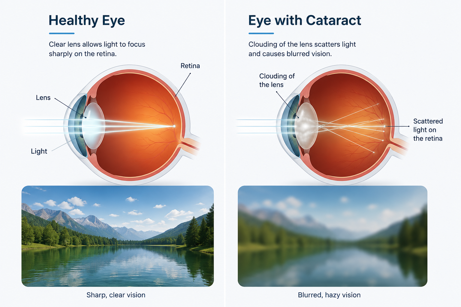 healthly eye compared to cataract eye